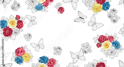 elegant seamless pattern of colorful rose bouquets and delicate line art butterflies for sophisticated textile prints and wedding themes.