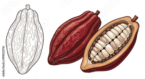 Detailed illustration of cocoa pods in various states, including a whole pod, a cross section showing beans, and a black and white line drawing.
