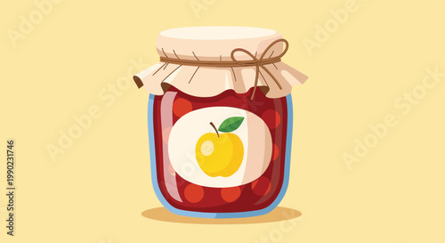Charming illustration of a glass jar filled with red apple jam, featuring a paper lid tied with string and a fruit label on a warm yellow background.