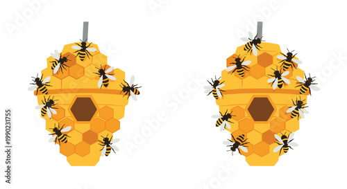 Illustration of two golden honey beehives with many honeybees flying around them, symbolizing nature s industriousness and the production of honey.