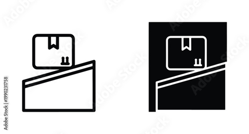 Logistics conveyor belt icon set, industrial parcel delivery line vector, black and white shipping box on production ramp graphic