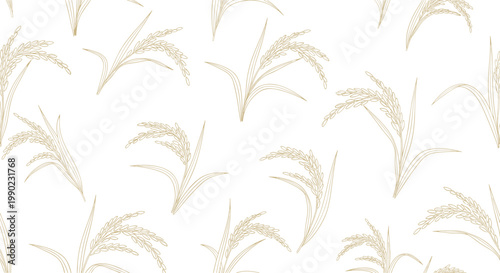 Delicate seamless pattern featuring stylized illustrations of rice stalks on a clean white background, suitable for agricultural or food themes.