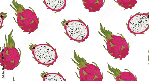 Tropical seamless pattern featuring whole and sliced dragon fruit (pitaya) with vibrant pink skin and white seeded flesh on a white background.