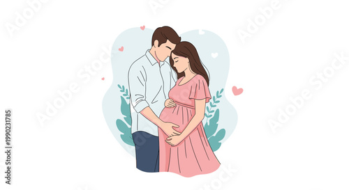 Heartfelt illustration of a man and a pregnant woman in a gentle embrace, surrounded by small hearts and leaves, celebrating love and new life.