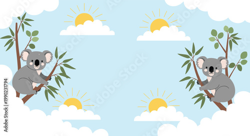 Cute illustration of two koalas sitting on eucalyptus branches against a light blue sky with bright suns and soft white clouds.