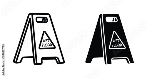 Wet floor caution sign vector icons, yellow safety warning board symbols, slippery surface alert floor stand set for janitorial and facility maintenance