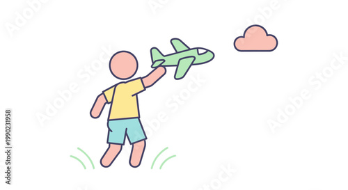 Boy Playing with Toy Airplane Outdoors.