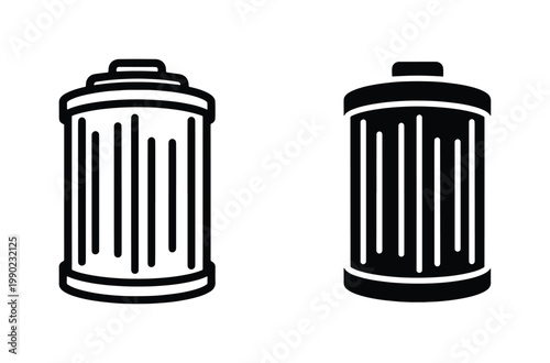 Automotive oil filter vector icons, black and white engine lubricant filter symbols, industrial car part illustrations for maintenance