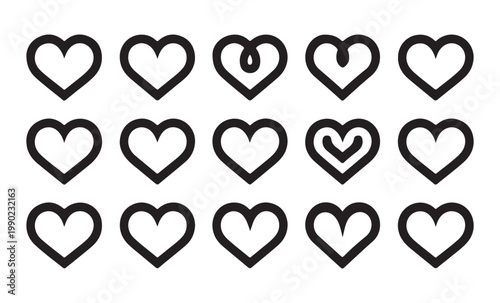 Black thin line heart shape icons set collection for romantic wedding design and valentines day greeting card.