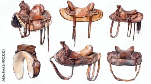 Six brown leather saddles and saddle parts arranged on white background, watercolor illustration with boho rustic style.
