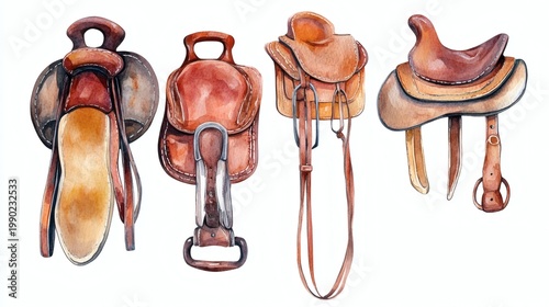 Six brown leather saddles and saddle parts arranged on white background, watercolor illustration with boho rustic style.