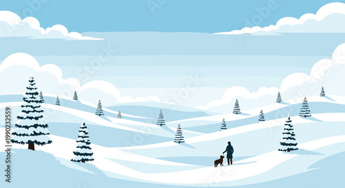 Serene winter landscape illustration featuring snowy hills, evergreen trees, and a small silhouette of a person walking a dog.