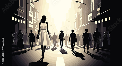 Woman Walking Alone on City Street at Sunset