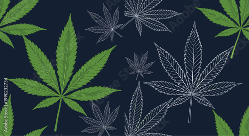 Seamless pattern of vibrant green cannabis leaves and white line art leaf outlines on a dark navy blue background for design.