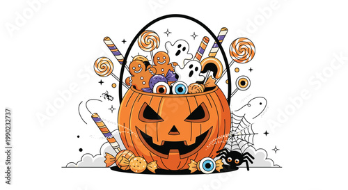 Spooky orange Halloween pumpkin bucket overflowing with various candies, cookies, ghosts, and a spider on a white background.