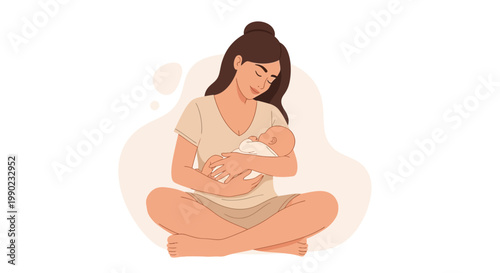 Loving mother holding and breastfeeding her newborn baby in a calm, serene setting