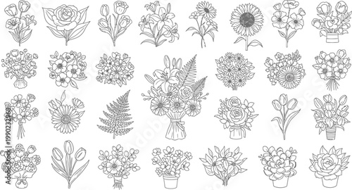 Black and White Floral Illustrations of Various Flowers and Plants