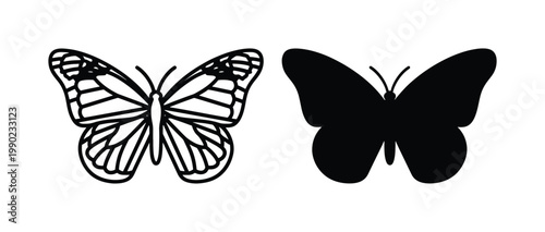Minimalist butterfly vector icons, black monarch butterfly silhouette and line art set, elegant insect wing illustrations for logo design