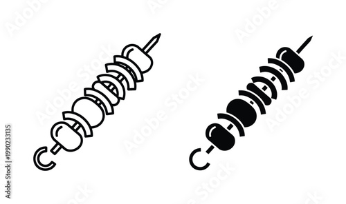 Grilled shish kebab vector icons, barbecue meat and vegetable skewer set, black and white minimalist bbq food illustrations for restaurant menus