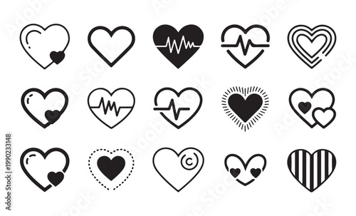 Health cardiology heart pulse and diagnostic icons set for medical app interface and wellness website design.