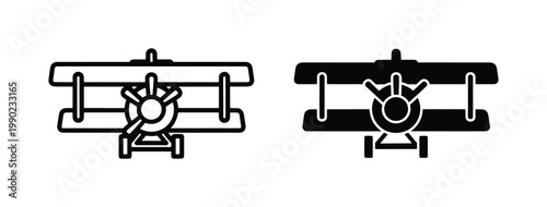 Vintage biplane icons in line and silhouette styles, retro propeller airplane vector set, antique aircraft symbols for aviation branding and travel design