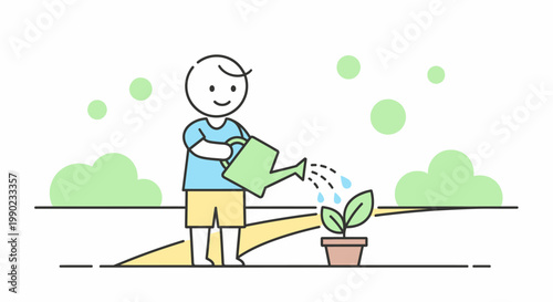 Man watering a potted plant.