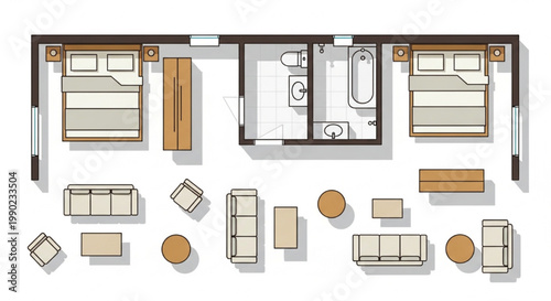 Top View Hotel Room Layout Symbols with Double Beds Wardrobes Sofas Tables and Bathroom Fixtures