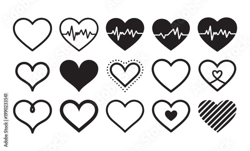 Set of valentine hearts, heart beat line vector art, different heart shapes symbol of love and health.