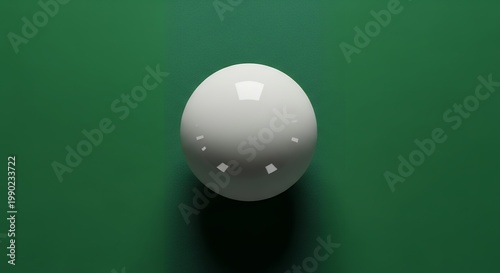 White billiard ball on a green pool table, ready for a game of billiards or snooker, close-up shot from above.
