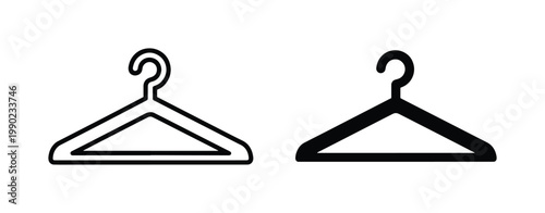 Minimalist clothes hanger vector icons, black outline and solid silhouette garment hangers, laundry and fashion retail symbols for web design
