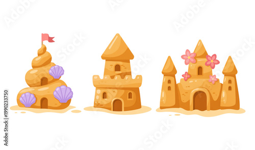 Three whimsical cartoon sandcastles in a row with colorful details Vector