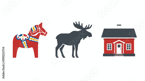 Year of the Horse Christmas greeting card with horse, reindeer and winter animal silhouette vector illustration design
