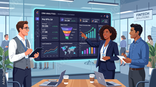 Data Analysis and Fintech Meeting Professionals analyze financial data displayed on a large screen in a modern office, signifying innovation and strategic planning. 