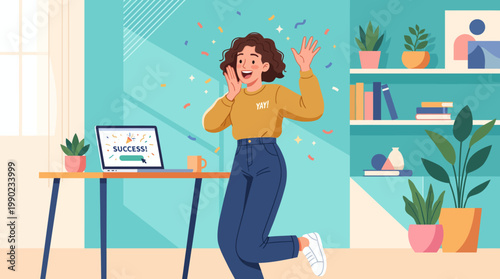 Success Celebration A young woman celebrates success with a laptop and confetti at desk. 