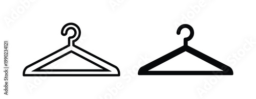 Minimalist clothes hanger vector icons, black outline and solid silhouette garment hangers, laundry and fashion retail wardrobe symbols