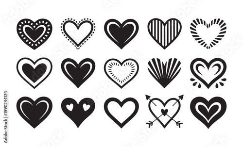 Set of valentine hearts, various heart shapes with different patterns and detailed outlines, love symbols.