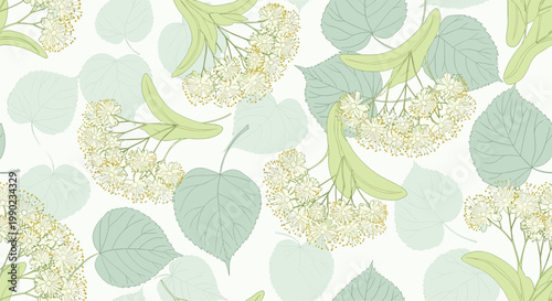 Delicate seamless background pattern showing clusters of linden tree blossoms and heart-shaped leaves in soft green and cream tones.