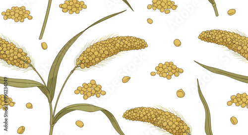 Ears of golden millet and clusters of seeds form a repeating agricultural pattern perfect for health food or cereal designs.