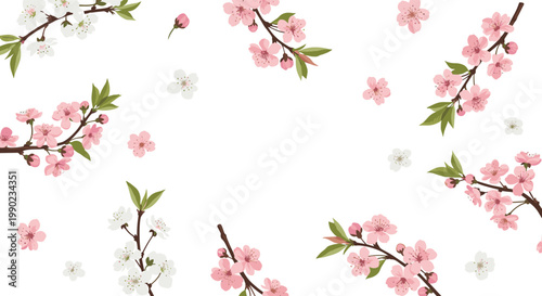 Pink and white cherry blossoms on dark branches are scattered across a white background in a graceful spring floral pattern.