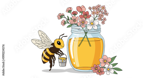 Adorable cartoon bee carrying a tiny bucket of honey standing next to a glass jar filled with honey and fresh spring flowers.