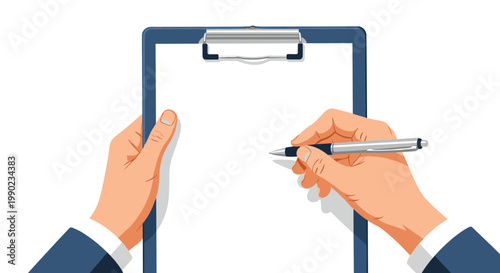 Businessman hands hold a blue clipboard and a pen, ready to sign a document or take notes in a professional office setting.