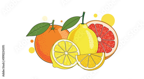 Fresh orange, lemon, and grapefruit are shown whole and sliced in a vibrant citrus fruit composition for healthy living.