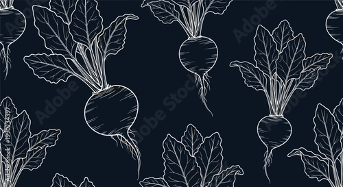White chalk-style sketches of beetroots with large leaves are repeated on a dark blue background in a kitchen theme pattern.