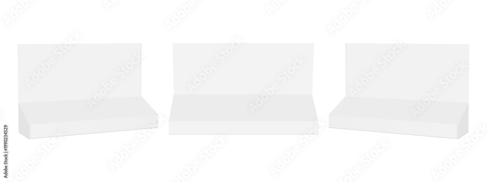 Obraz premium Three blank cardboard display boxes mockup, front and side view, isolated on white background. Retail shelf or counter display stand for product presentation. Vector illustration