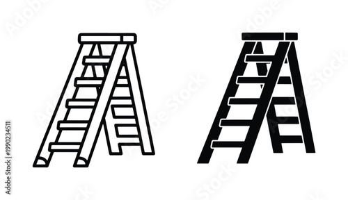 Minimalist stepladder vector icons, black outline and solid silhouette ladder symbols, industrial folding step ladder set for construction and home repair