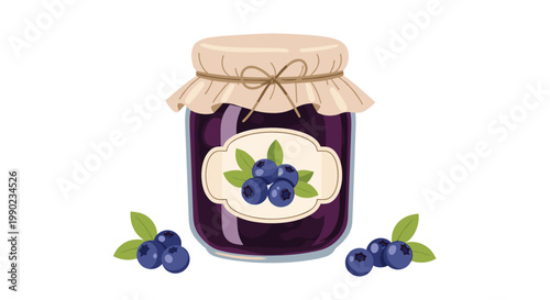 Glass jar of dark purple blueberry jam with a beige cloth lid tied with string and fresh blueberries scattered at its base.