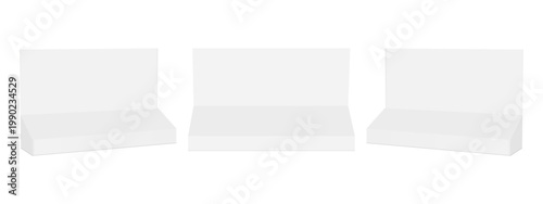 Three blank cardboard display boxes mockup, front and side view, isolated on white background. Retail shelf or counter display stand for product presentation. Vector illustration