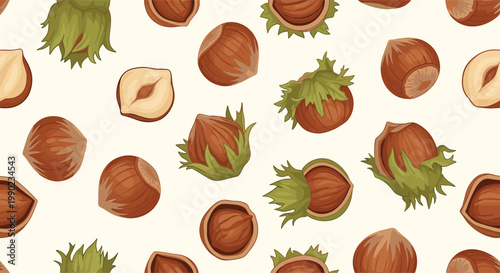 Delicious seamless pattern featuring whole hazelnuts in their green husks and brown shells, along with shelled kernels on a cream background.