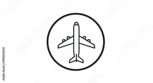 Minimalist icon featuring the top-down outline of a commercial airplane enclosed within a thin black circular border.