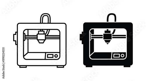 3D printer vector icons set, additive manufacturing machine symbols, industrial rapid prototyping equipment, black and white line art and solid silhouette